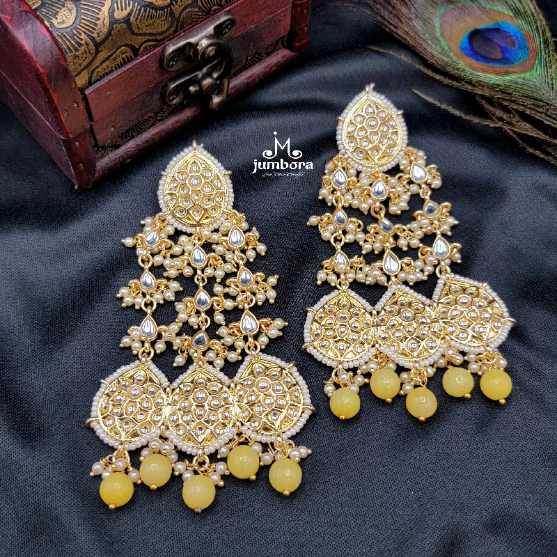 Modern Drop Earrings-Statement Chandelier Long Kundan Earrings with Yellow Bead