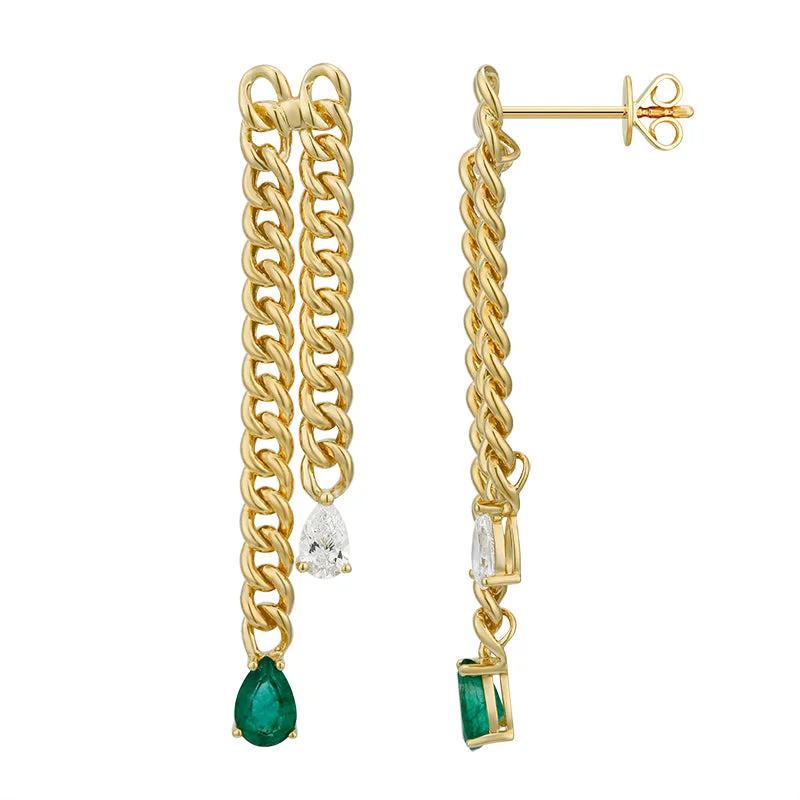 Custom Designed Earrings-Emerald and Diamond Double Cuban Drop Earrings