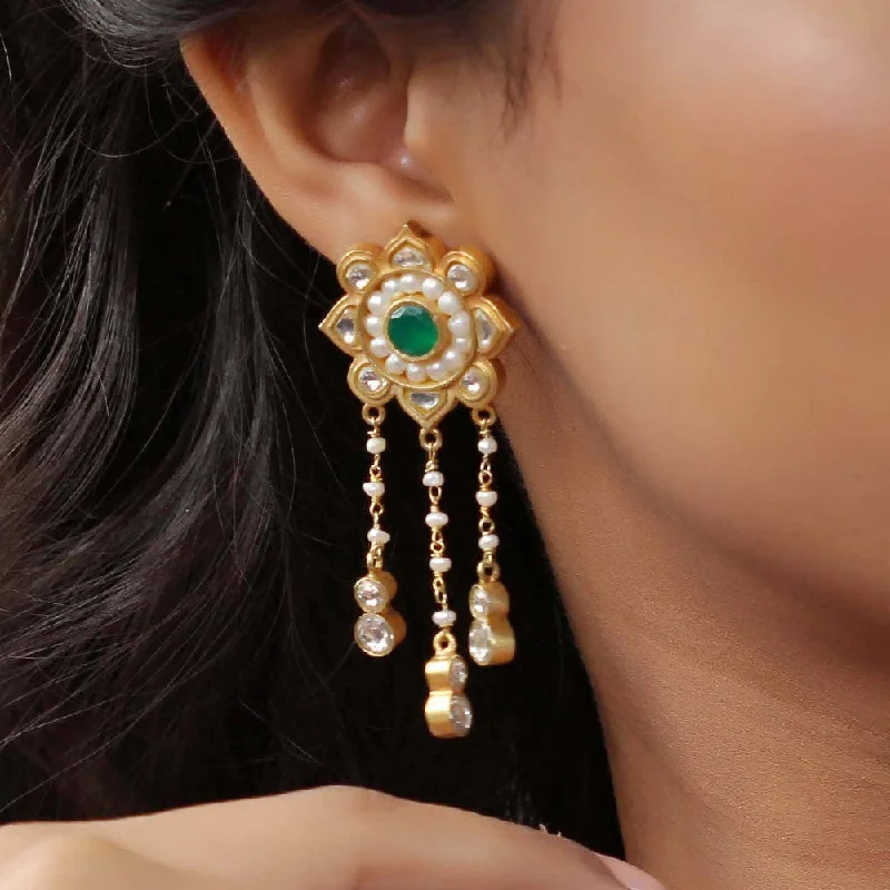 Small Gold Earrings-Majestic White Pearl Earrings with Green stone