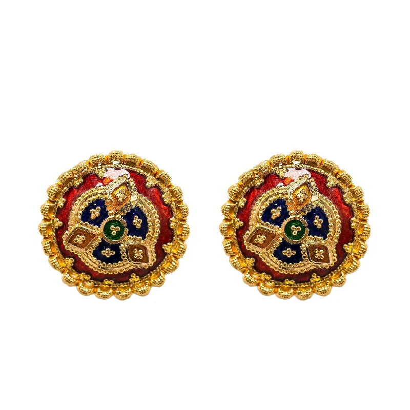 Chandelier Earrings for Weddings-22K Yellow Gold Stud Earrings W/ Hand Painted Finish & Rounded Cluster Outline