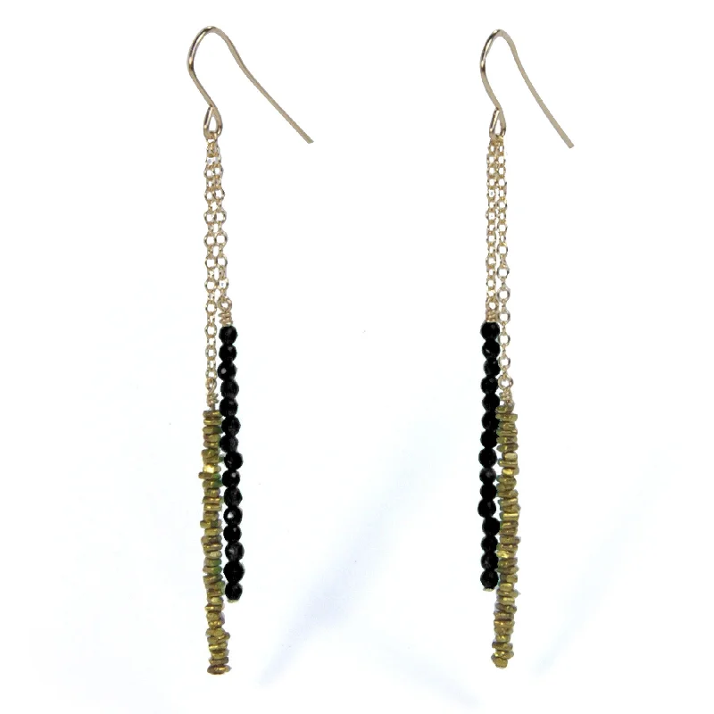 Silver Hoop Earrings-Black Pyrite Beaded Earrings