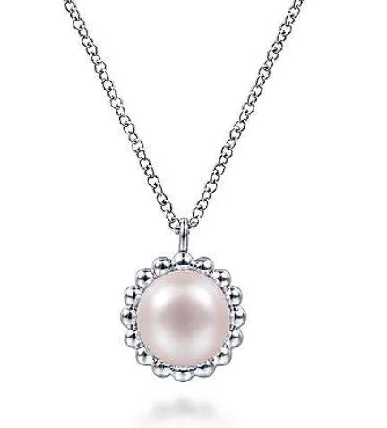 Designer Charm Necklace-925 Sterling Silver Round Pearl Pendant Necklace with Beaded Frame