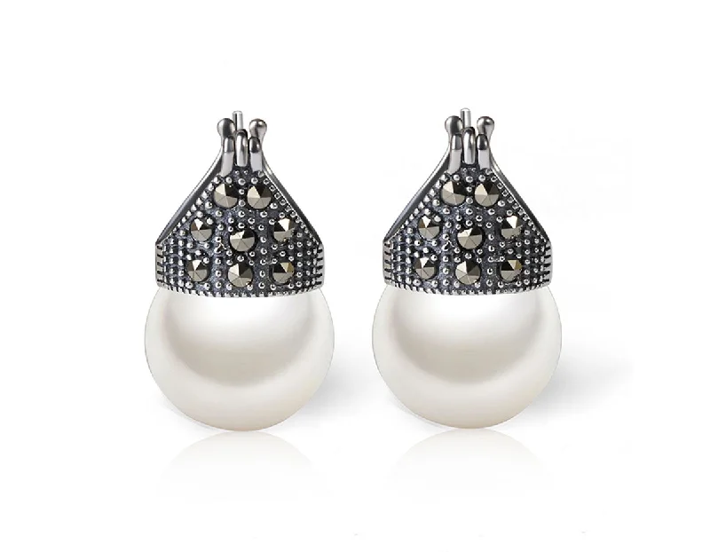 Silver Chain Earrings-Studded Pearl Earring