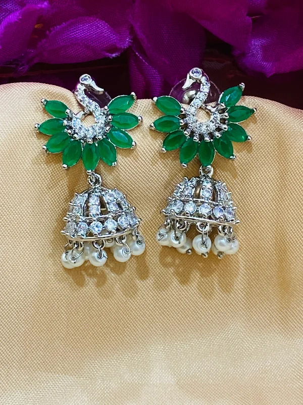 Emerald Drop Earrings-Elegant Green Colored Peacock Design American Diamond Earrings