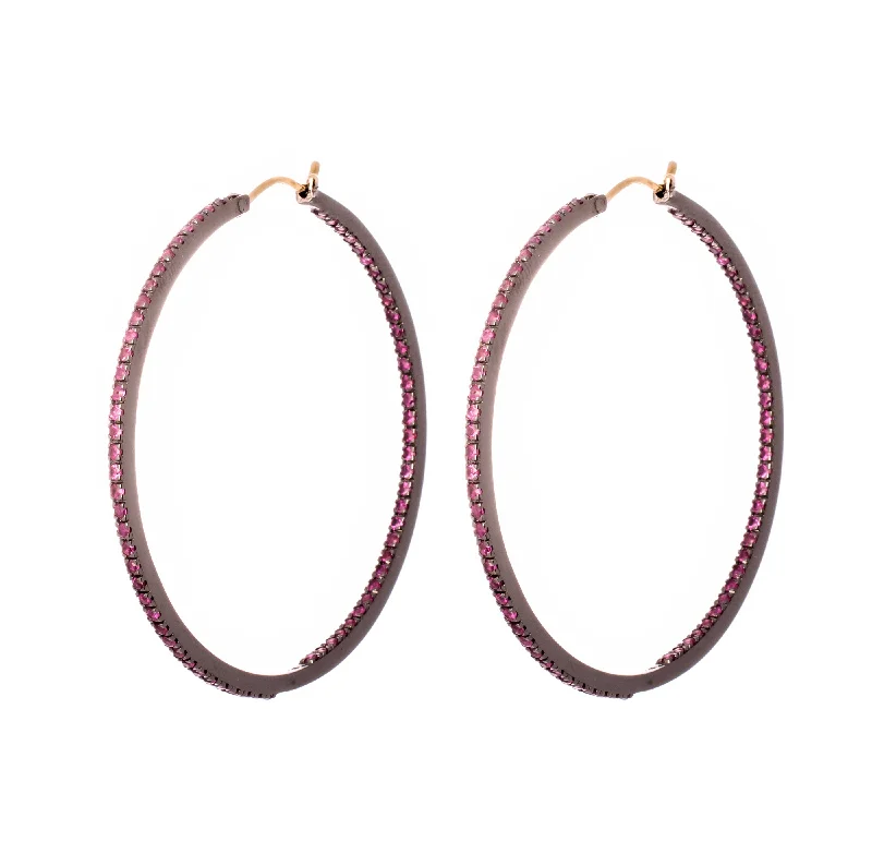 Bright Silver Earrings-Medium Ruby Hoops