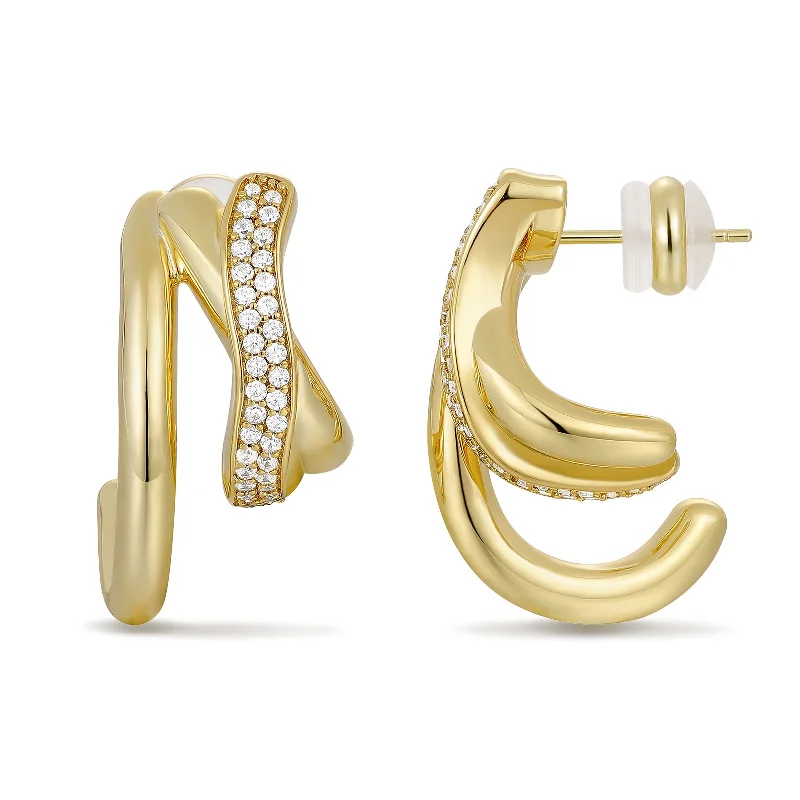 Artistic Designer Earrings-14K Gold Plated Cubic Zirconia Triple Open Hoops C Shape Wrap Earrings