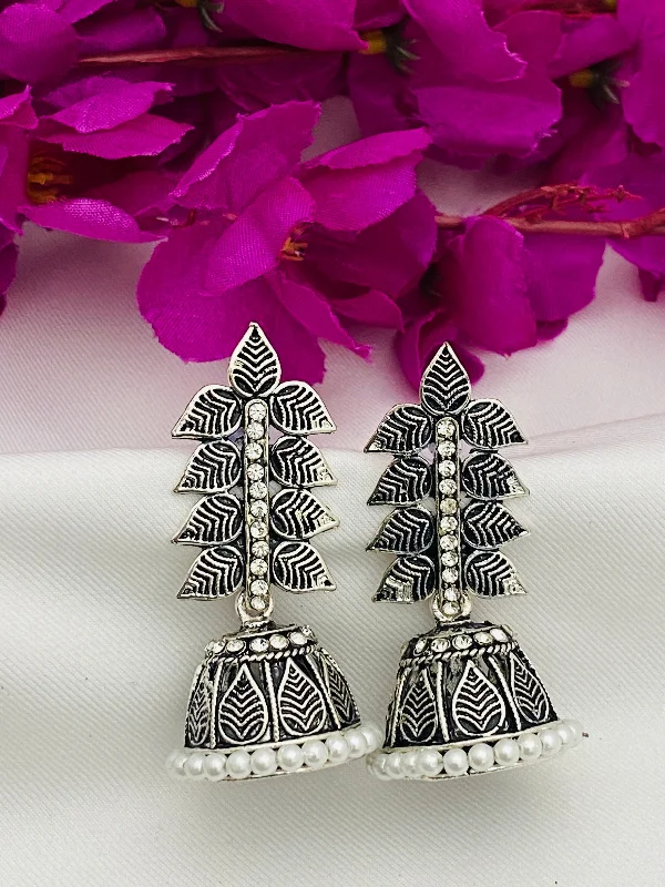 Custom Pearl Earrings-Traditional Leaf Designed German Silver Plated Oxidized Earrings With Pearl Beads