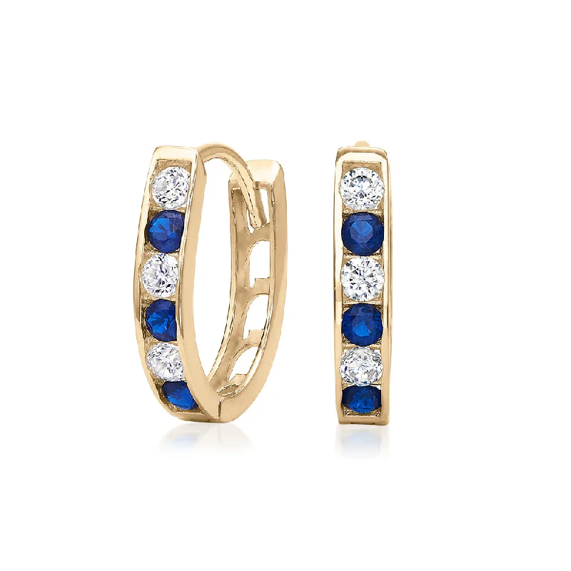 Chunky Gold Earrings-Round Brilliant hoop earrings with ceylon sapphire and diamond simulants in 10 carat yellow gold