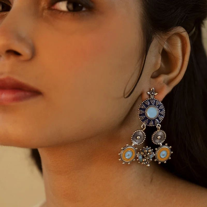 Spiral Silver Earrings-Blue & Orange Triangular Wheel Oxidized Earrings