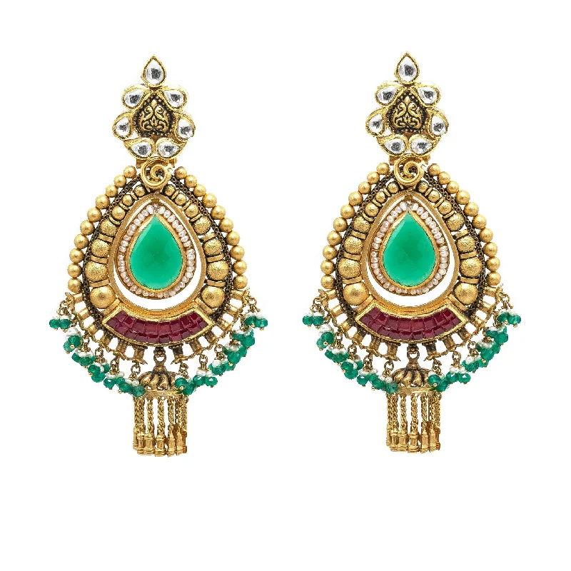 Diamond Stud Earrings-22K Yellow Gold JhumkiDrop Earrings W/ Rubies, Emeralds, Pearls, Kundan & Antique Finish Pendants