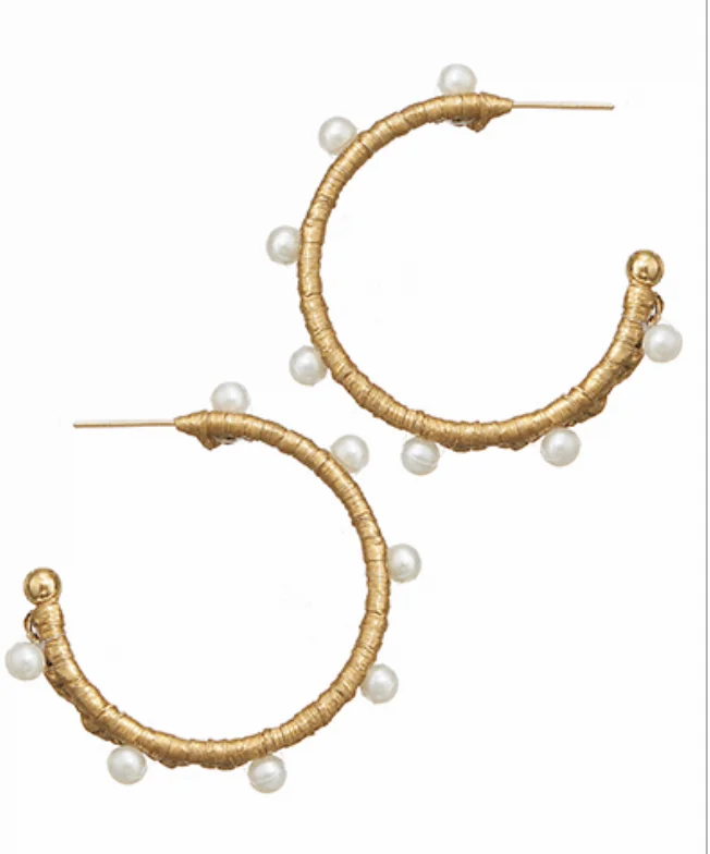 Personalized Name Earrings-Pearl Raffia Taupe Hoop Earrings