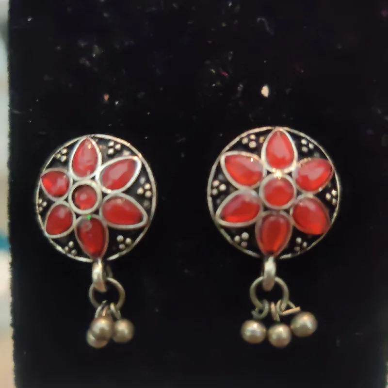 Big Gold Earrings-Oxidized Earrings With Red colored beads