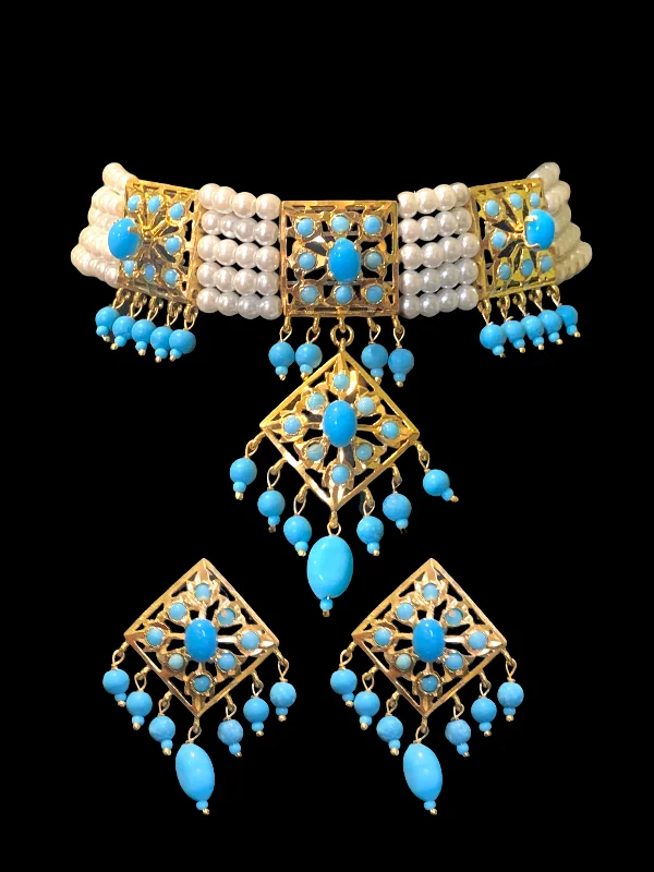 Shiny Stud Earrings-C197 Anushay ferozi / turquoise   choker with earrings (SHIPS IN 4 WEEKS )