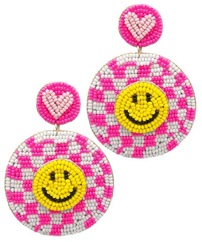 Emerald Earrings for Women-Fuchsia Checkered Smiley Earrings