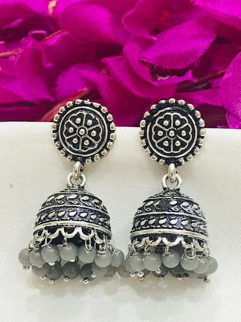 Simple Diamond Earrings-Lovely Oxidized Jhumka Earrings With Grey Color Beads For Women