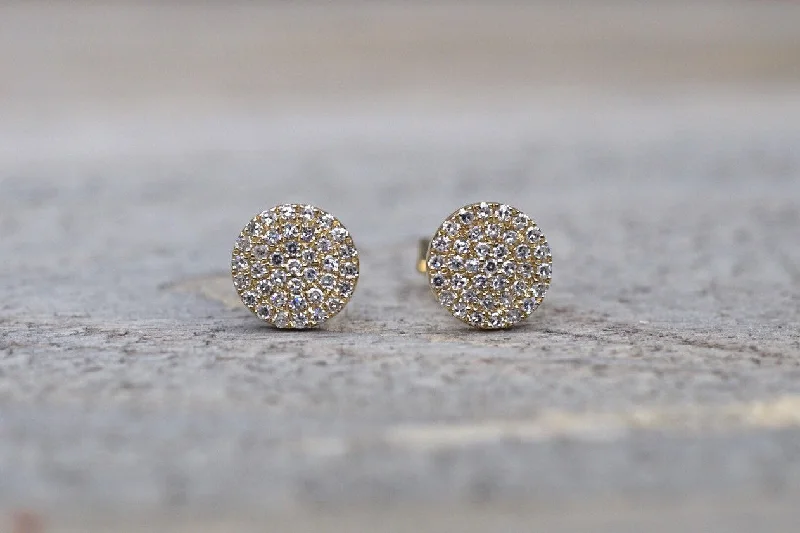 Yellow Gold Earrings-Round Pave Diamond Disc Studs