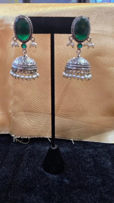 Sterling Silver Earrings-Emerald Green Colored With Beaded Work Jhumkas For Women