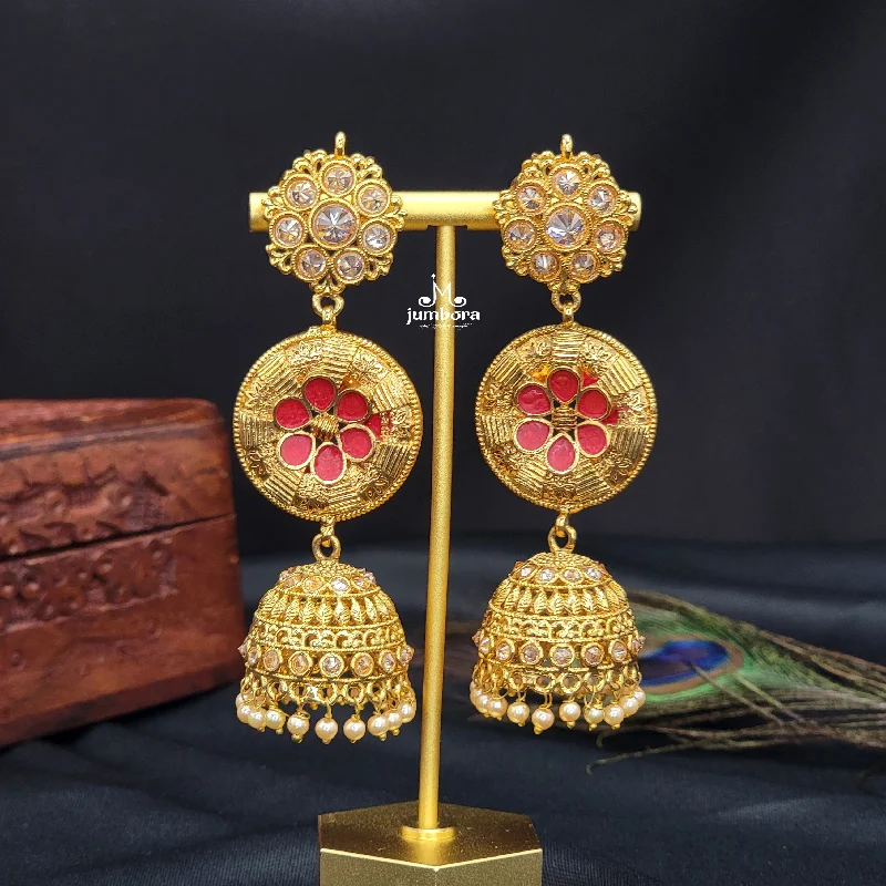 Square Stud Earrings-Statement Long Partywear Gold Finish Jhumka Earrings