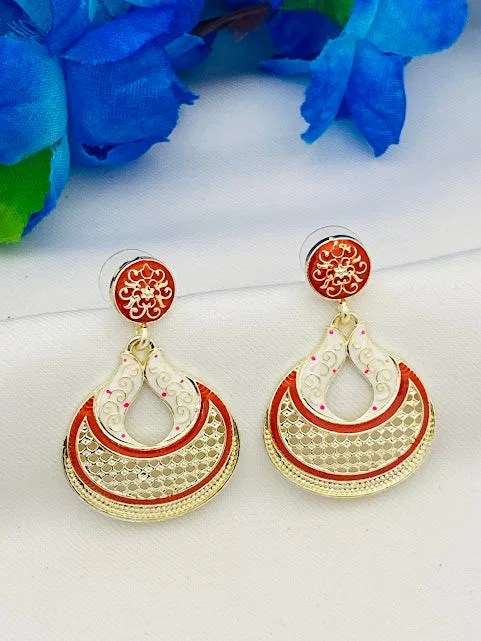 Bright Colorful Earrings-Attractive Red Color Gold Plated Chaandbali Style Designers Earrings For Women