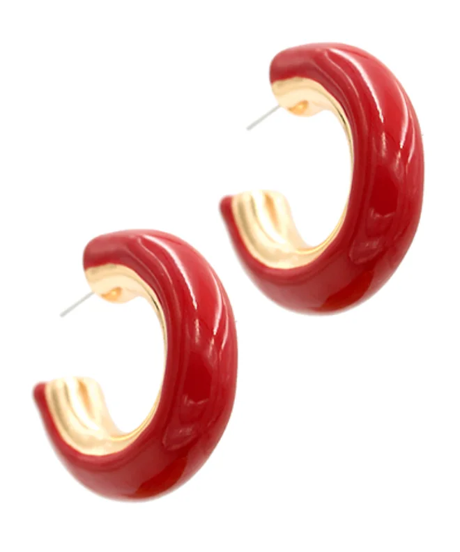 Vintage Stud Earrings-Chunky Enamel Red Hoop Earrings