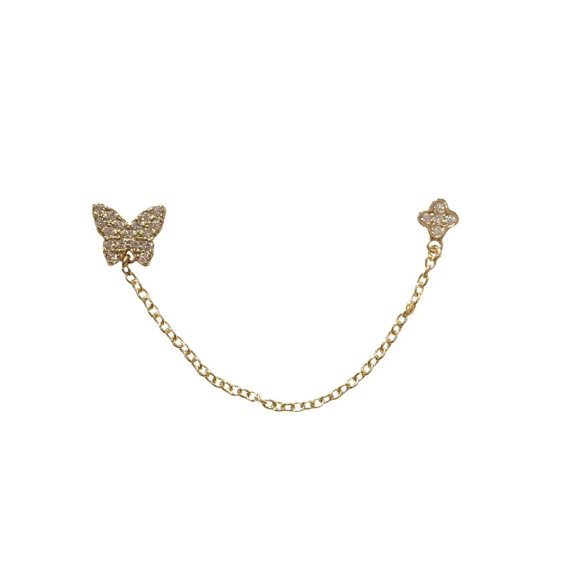 Gold Bead Earrings-Butterfly Flora Double Chain Stud Earrings