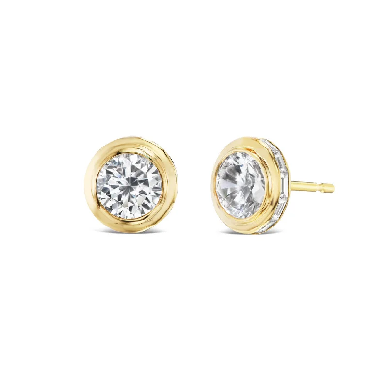 Colorful Hoop Earrings-SHIELD BEZEL SET DIAMOND STUD EARRINGS WITH BAGUETTES