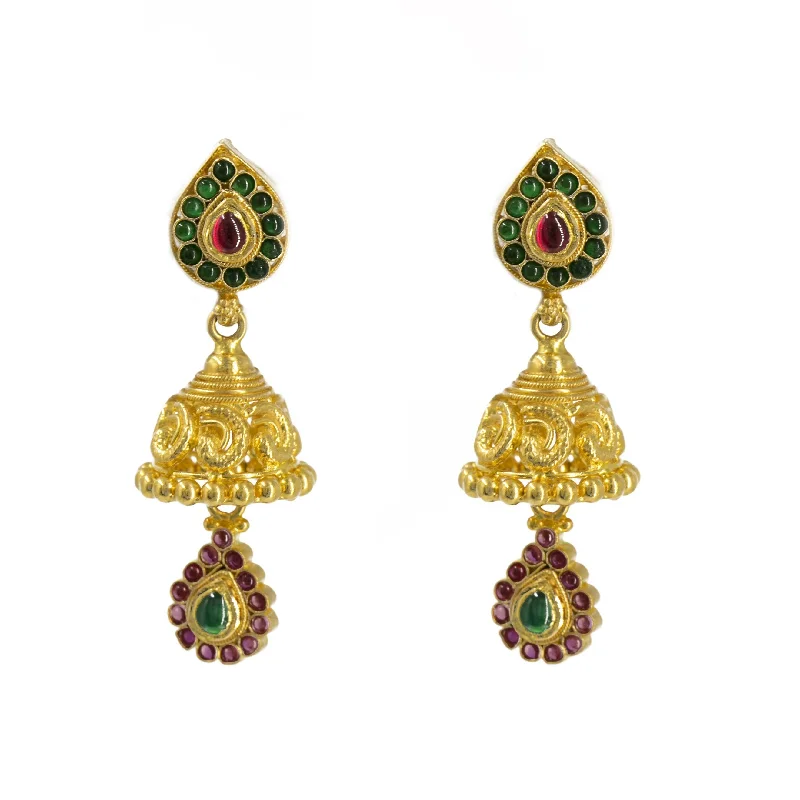 Gold Hoop Earrings for Women-22K Yellow Gold Jhumki Drop Earrings W/ Ruby, Emerald & Teardrop Drop Pendant