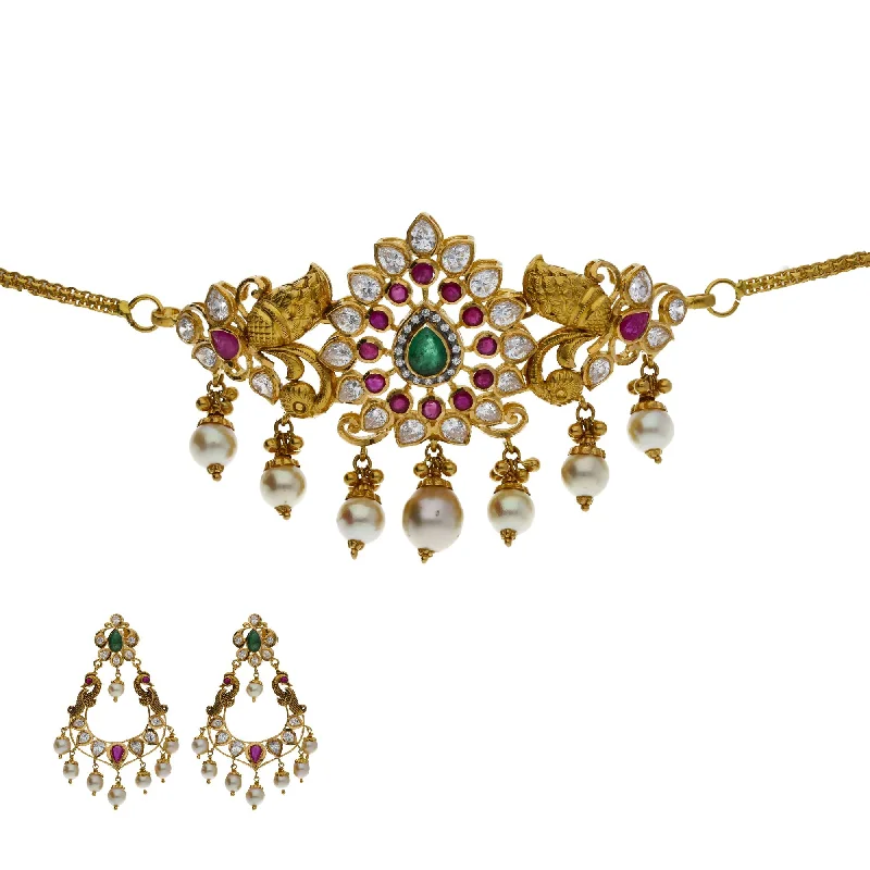 Large Statement Earrings-22K Yellow Antique Gold 2-in-1 Choker/Vanki & Chandbali Earrings Set W/ Emerald, Ruby, CZ, Pearls & Pear Shaped Accents