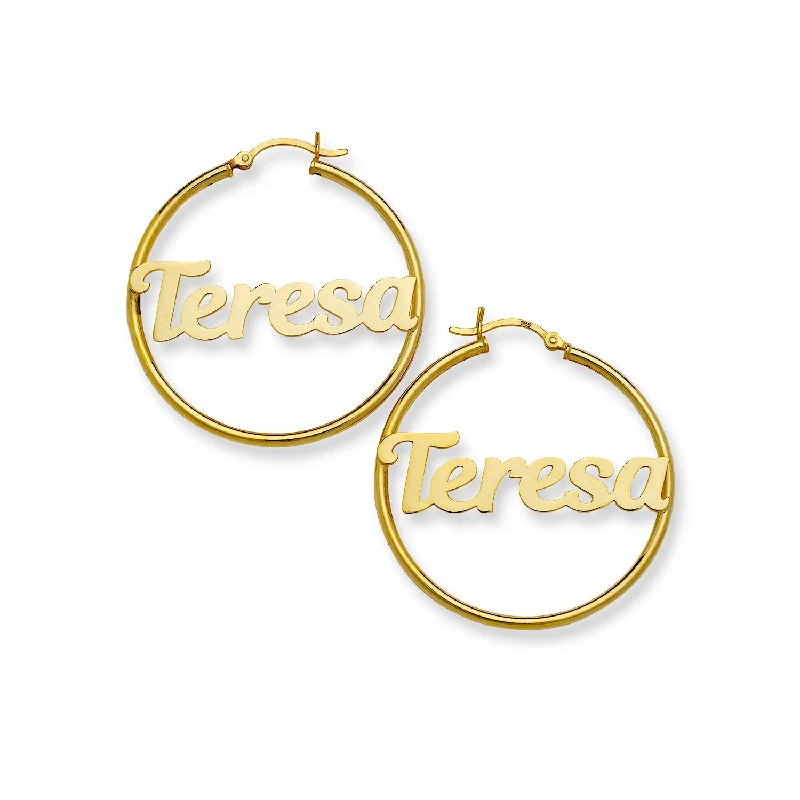 Elegant Gemstone Earrings-Better Jewelry Magnolia Script Name Hoop Gold 10K Earrings