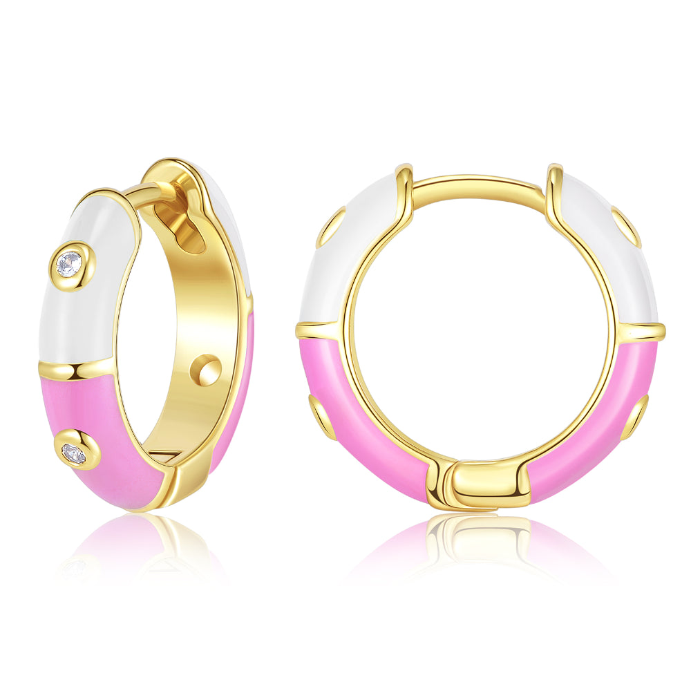 Simple Silver Earrings for Women-Dainty Dual-color Enamel Small Hoop Colorful Cute Huggie Earrings with White-Pink Color