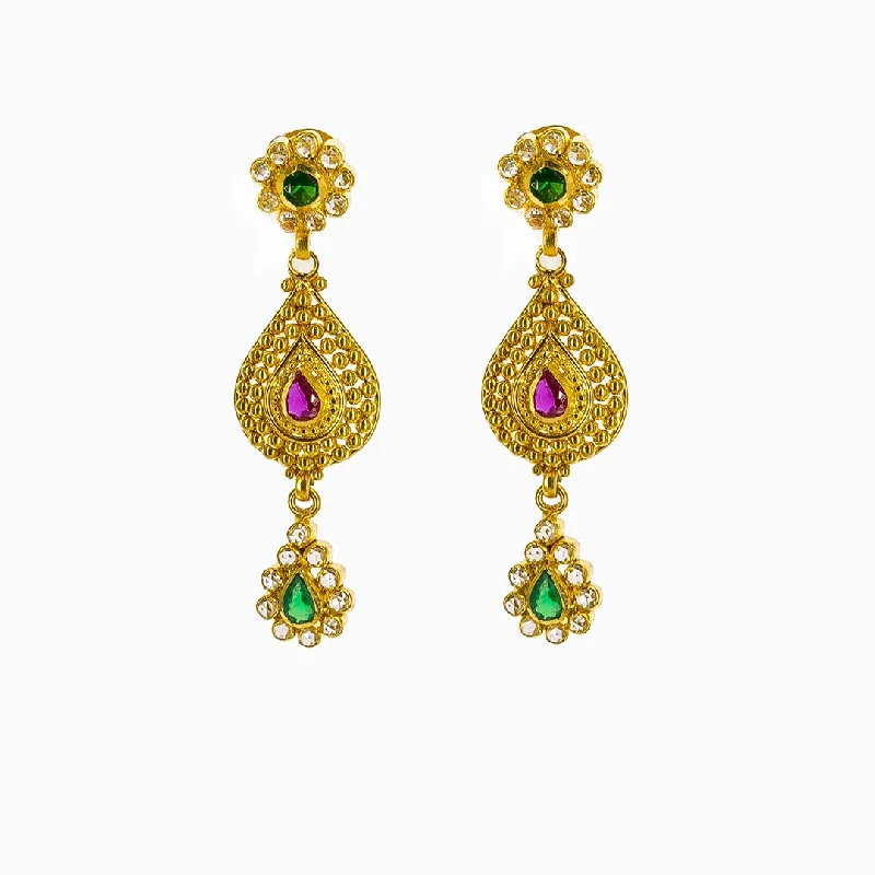 Unique Drop Earrings-22K Yellow Gold Drop Earrings W/ Rubies, Emeralds, CZ Gems & Teardrop Pendants