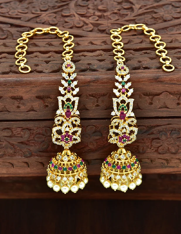 Retro Hoop Earrings-Designer Zirconia Gold Plated Jhumka Earrings+Matties