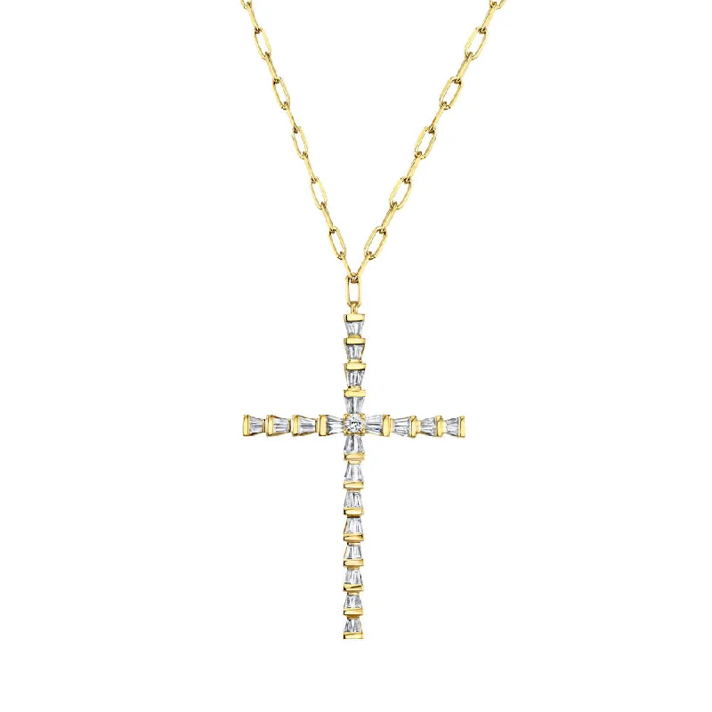 Modern Silver Necklace-READY TO SHIP DIAMOND TAPERED BAGUETTE CROSS NECKLACE