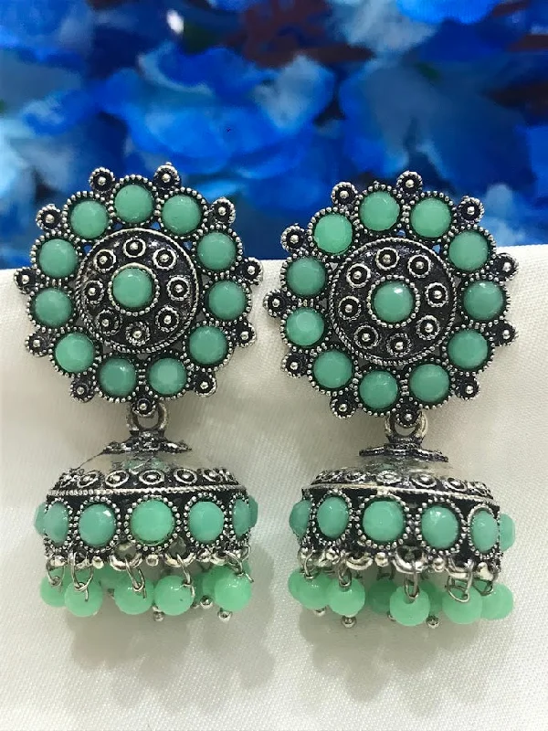 Bohemian Style Earrings-Gorgeous Teal Green Colored Oxidized Jhumka Earrings