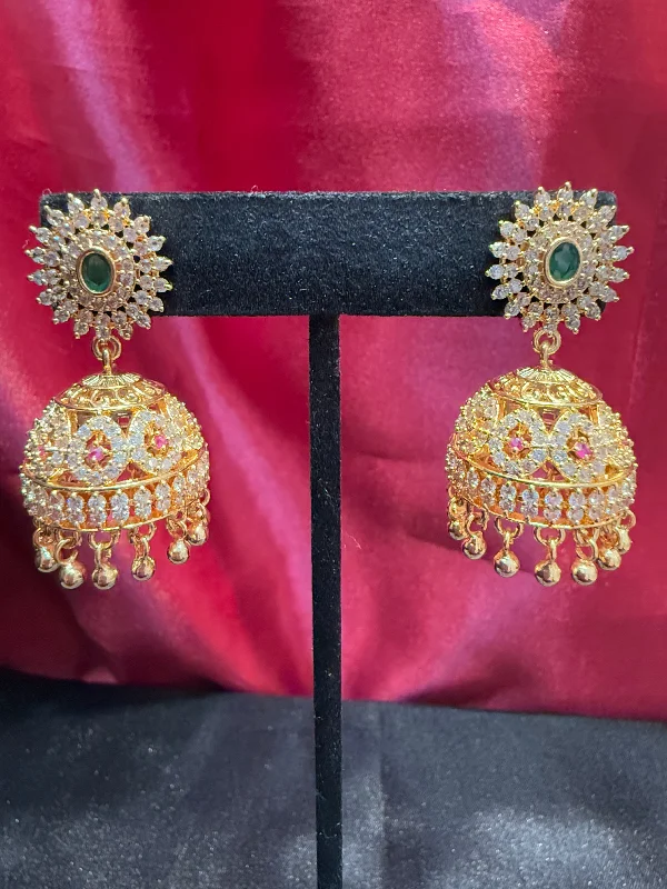 Golden Pearl Earrings-Appealing Gold Plated Designer Jhumka With Green Color Stone With Golden Beads