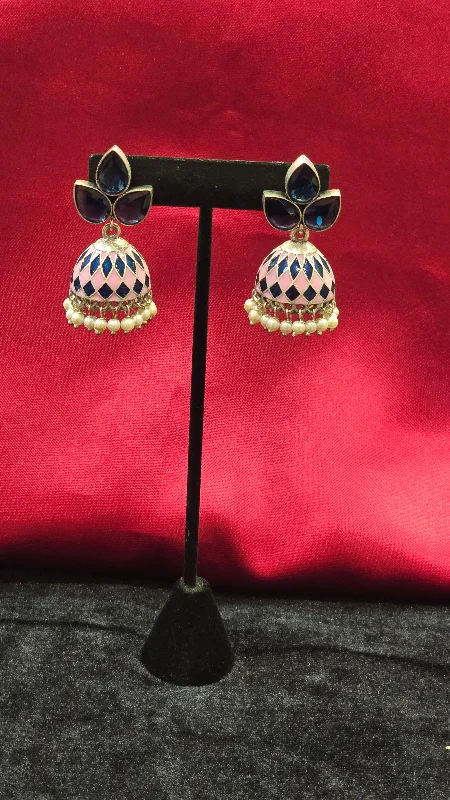 Vintage Gold Earrings-Dazzling Pink And Blue Jhumkas