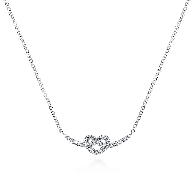 Modern Bar Necklace-14K White Gold Twisted Diamond Pretzel Heart Necklace