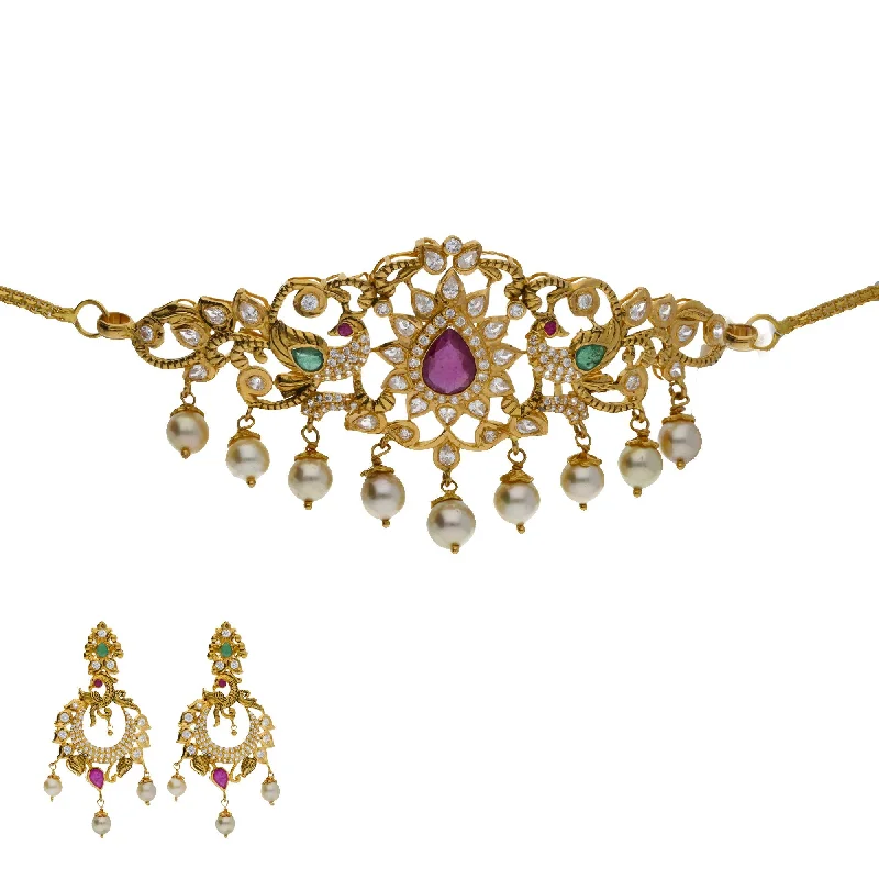 Shiny Drop Earrings-22K Yellow Antique Gold 2-in-1 Choker/Vanki & Chandbali Earrings Set W/ Emerald, Ruby, CZ, Pearls & Open Starburst Design