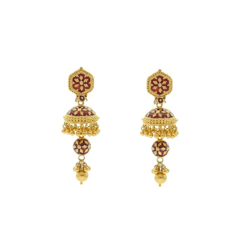 Gemstone Stud Earrings-22K Yellow Gold Drop Earrings W/Meenakari Design, 20.6 grams