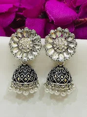 Cute Drop Earrings-Elegant White Colored Oxidized Jhumka With Beads Earrings