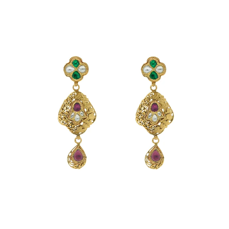 Long Diamond Earrings-22K Yellow Gold Exquisite Hanging Earrings Finished W/ Kundan, 16.7 grams