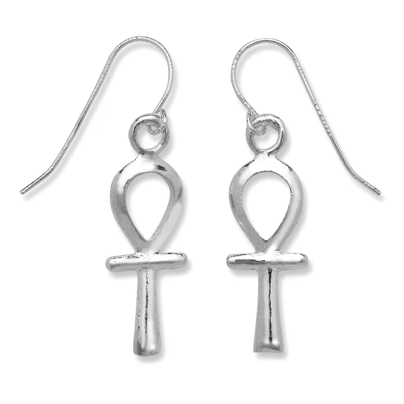 Oversized Hoop Earrings-Small Egyptian Ankh Cross .925 Sterling Silver Earrings