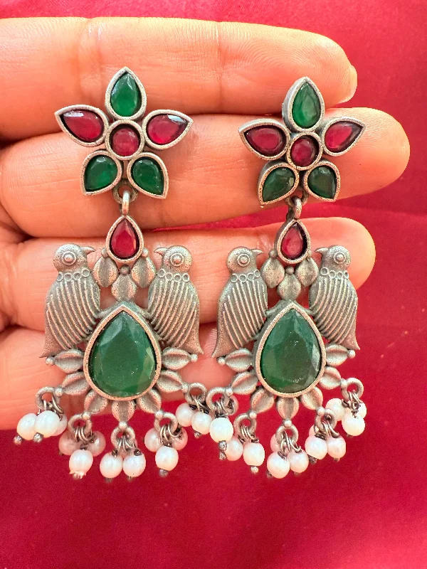 Swarovski Crystal Earrings-Appealing Oxidized Maroon And Green Stone And Beaded Work Bird Designs Earrings For Women