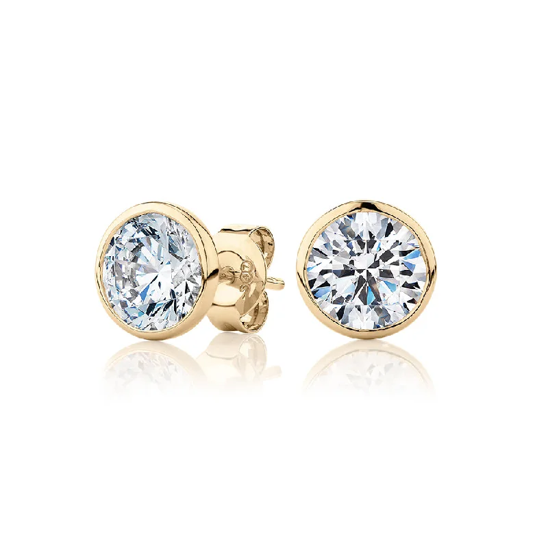 Elegant Wedding Earrings-Round Brilliant stud earrings with 3 carats* of diamond simulants in 10 carat yellow gold