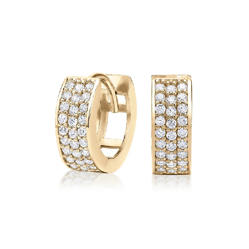 Handmade Hoop Earrings-Round Brilliant hoop earrings with diamond simulants in 10 carat yellow gold