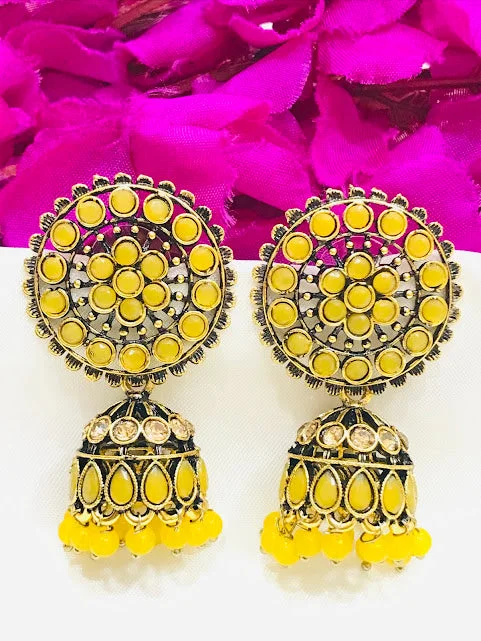 Classic Diamond Earrings-Delightful Yellow Colored Stone Work Jhumka Earrings For Women