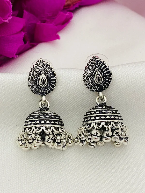 Bold Drop Earrings-Marvelous Oxidized Silver Plated Jhumka Earrings With Beads