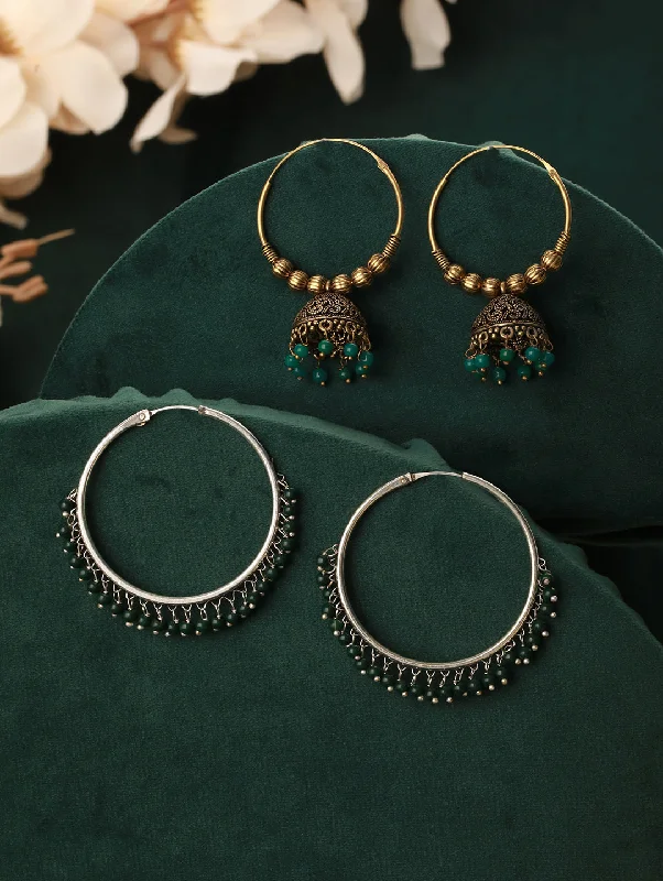 Funky Dangle Earrings-Set Of 2 Gold Plated & Green Pear Beaded Circular Shapes Hoop Earrings