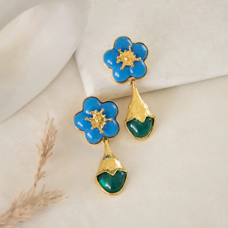 Statement Earrings for Weddings-Blue Floral Tulip Drop Earrings