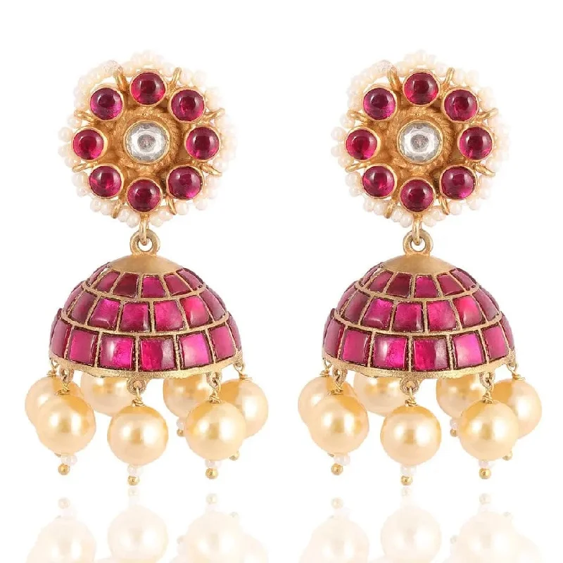 Wedding Earrings for Bride-Silver Gold Plated Red Jhumka